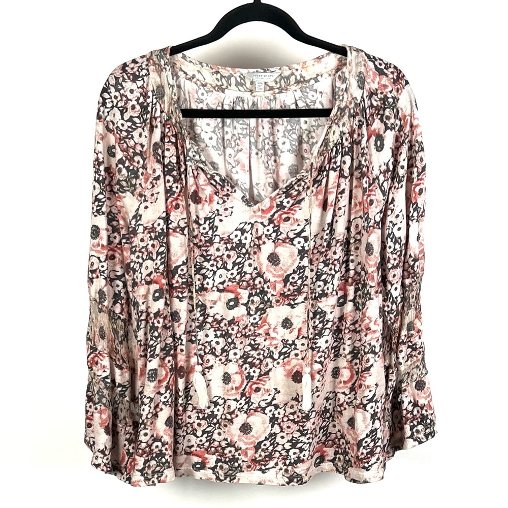 Lucky Brand Women's Pink Tie Front BoHo Peasant Long Sleeve Blouse